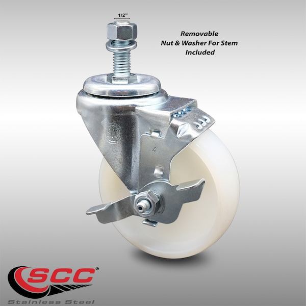 4 Inch SS Nylon Wheel Swivel 1/2 Inch Threaded Stem Caster with Brake SCC